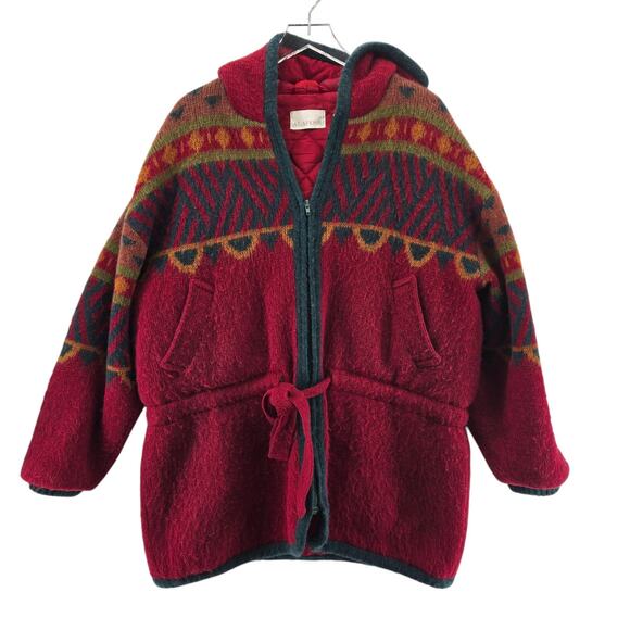 Vintage Alafoss 100% Wool Coat Icelandic Medium Oversized Aztec Southwestern Red - Picture 1 of 14